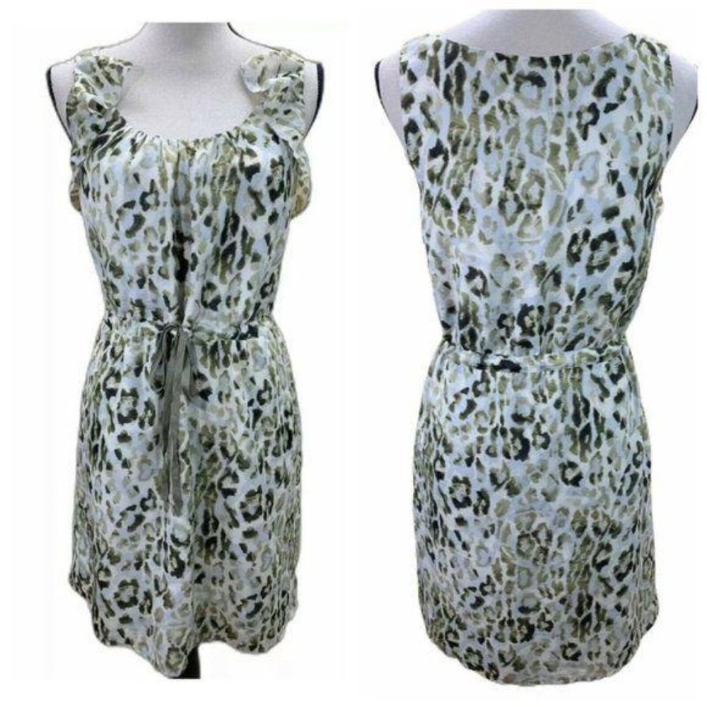 LOFT Green Cheetah Print Ruffle Waist Tie Dress